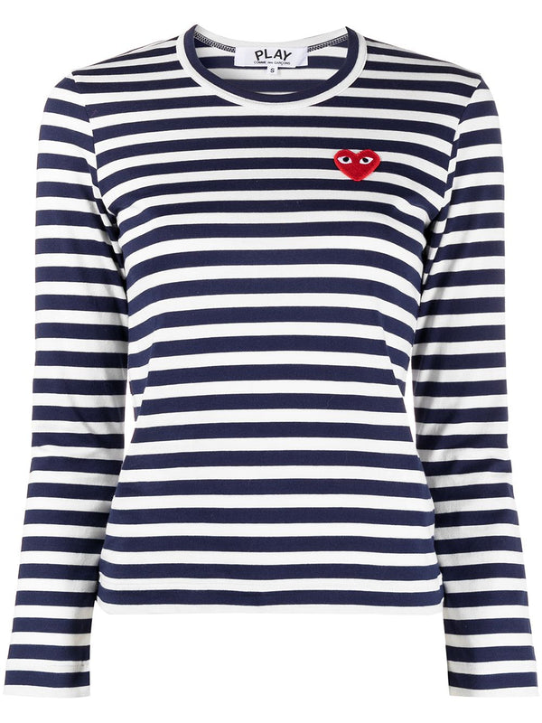 Comme Des Garcons Striped Cotton T Shirt Unisex Navy With Subtle Applique Logo For Everyday Wear