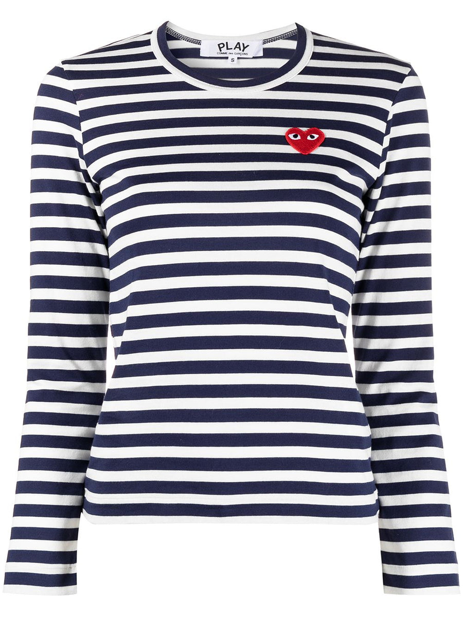 Comme Des Garcons Striped Cotton T Shirt Unisex Navy With Subtle Applique Logo For Everyday Wear