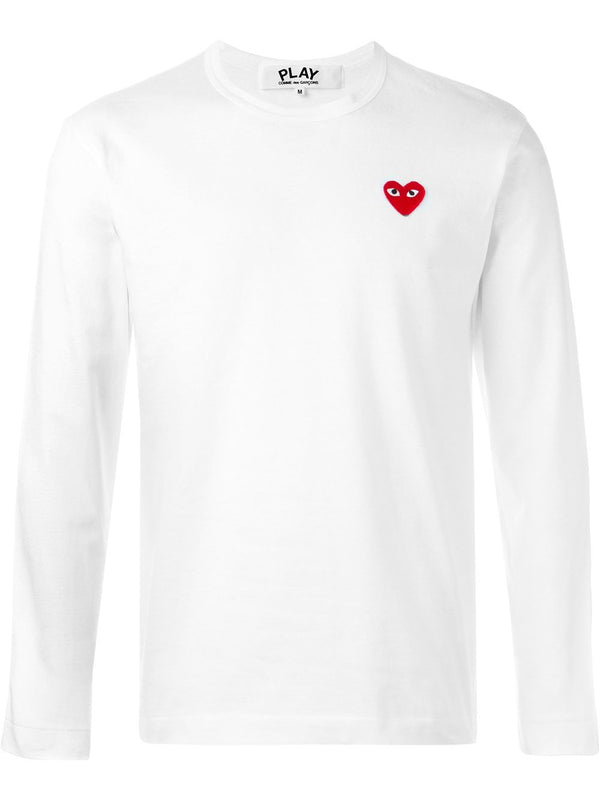 Comme Des Garcons Premium Cotton T Shirt White With Heart Patch Long Sleeve Crew Neck For Men