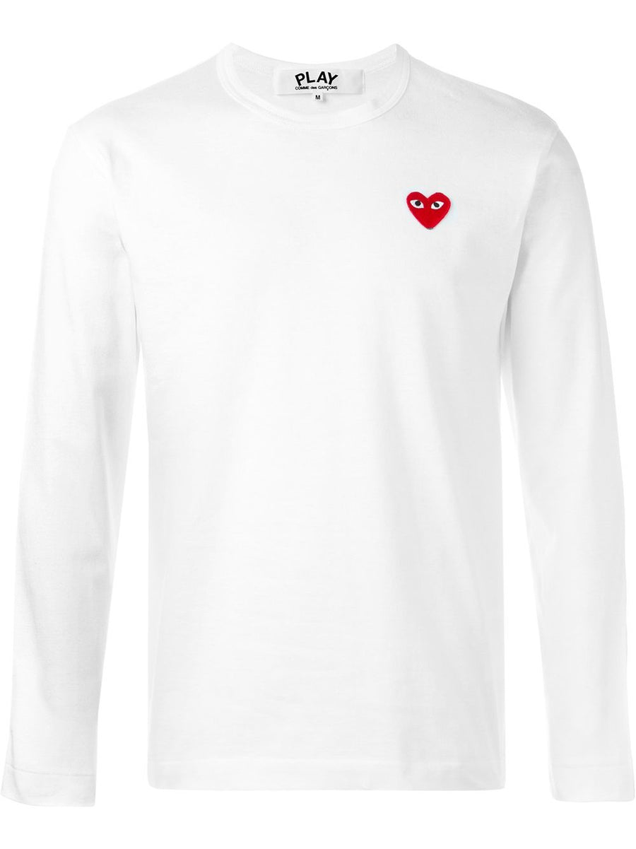 Comme Des Garcons Premium Cotton T Shirt White With Heart Patch Long Sleeve Crew Neck For Men