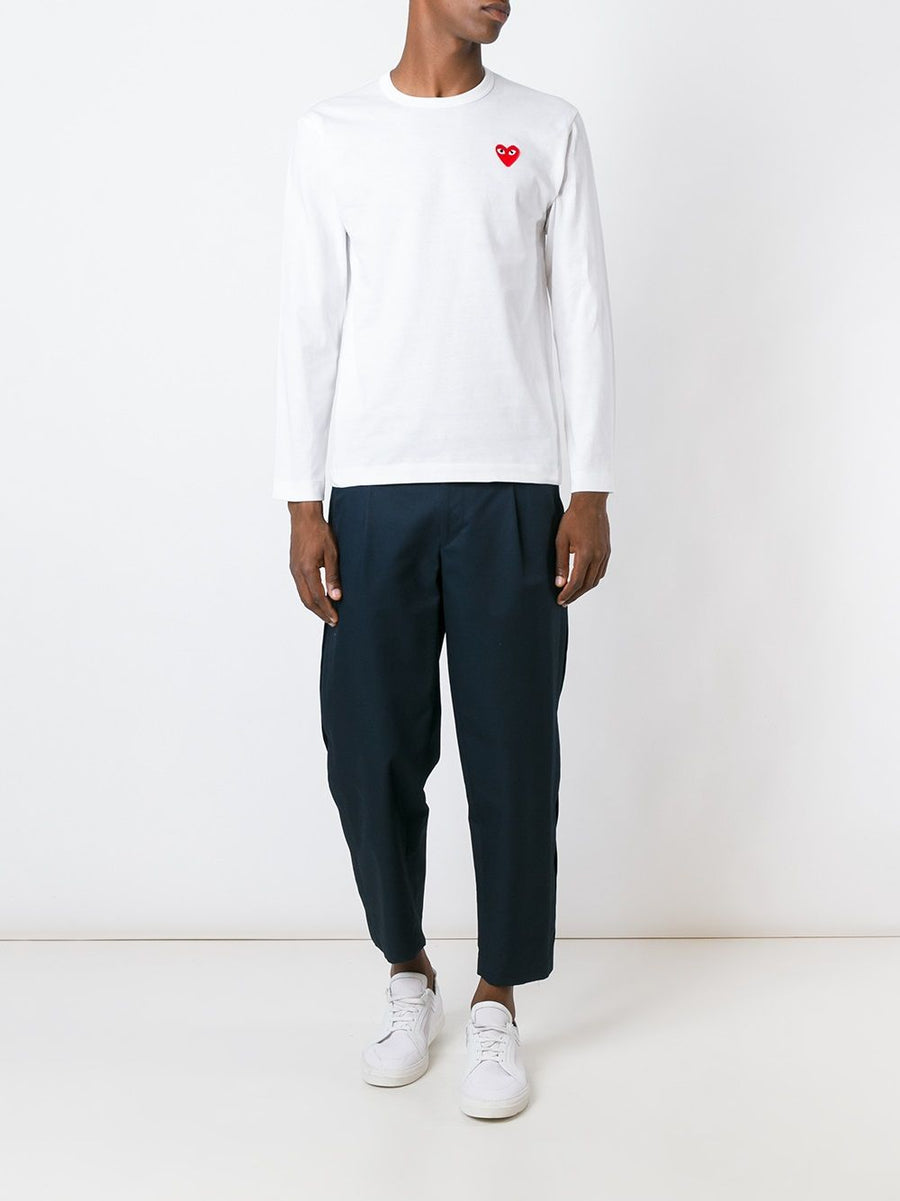 Comme Des Garcons Premium Cotton T Shirt White With Heart Patch Long Sleeve Crew Neck For Men