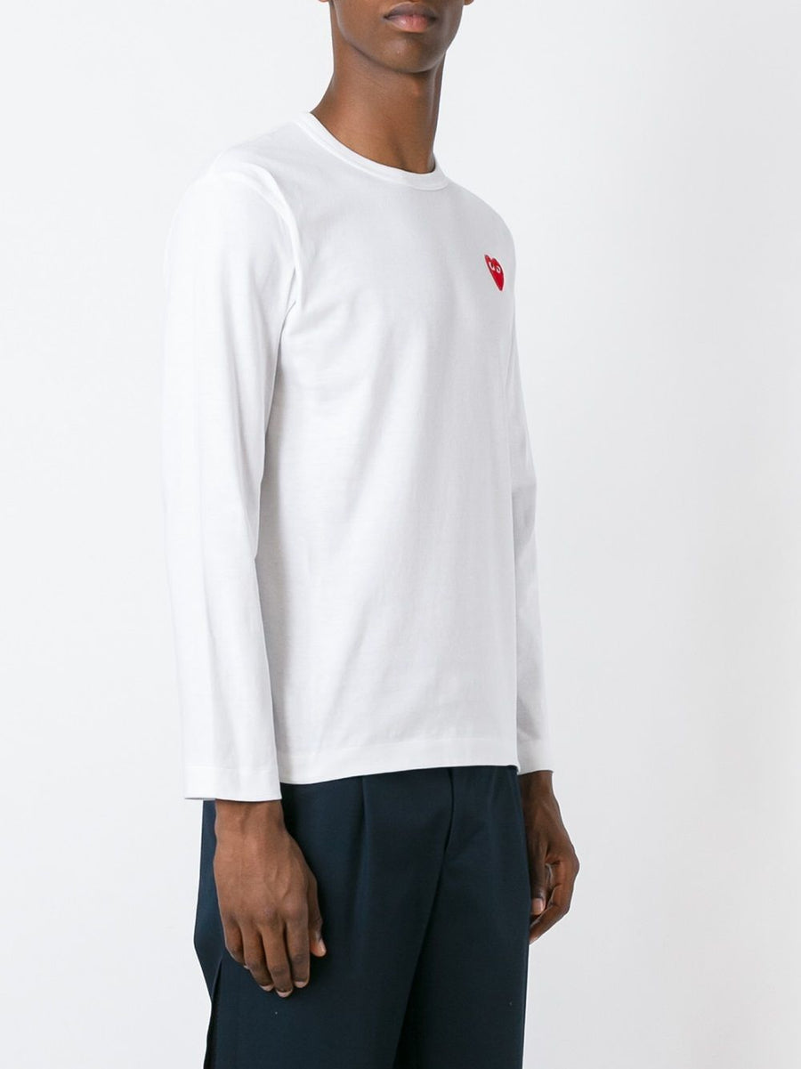 Comme Des Garcons Premium Cotton T Shirt White With Heart Patch Long Sleeve Crew Neck For Men