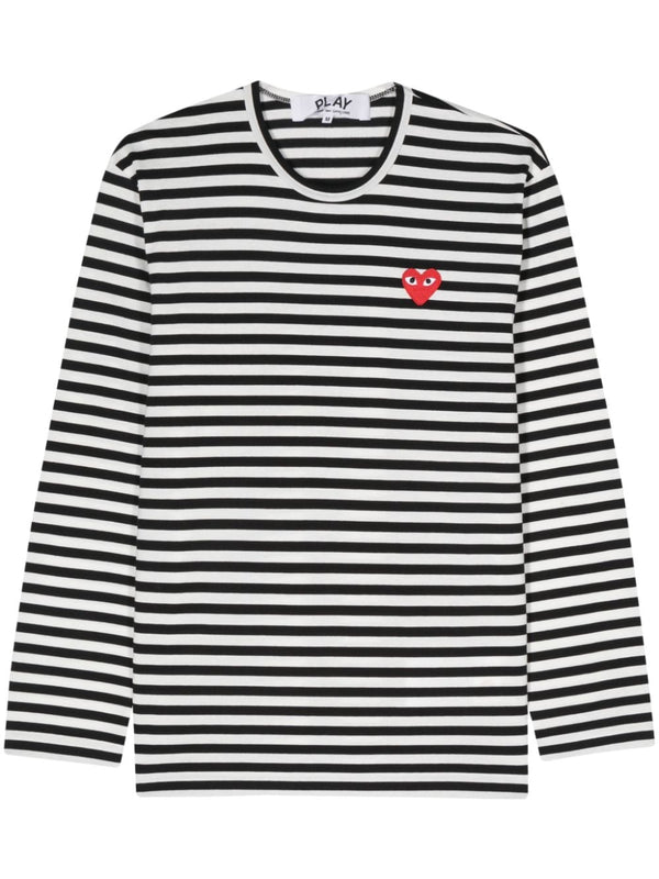 Comme Des Garcons Striped 100 Percent Cotton T Shirt For Men With Signature Heart Patch