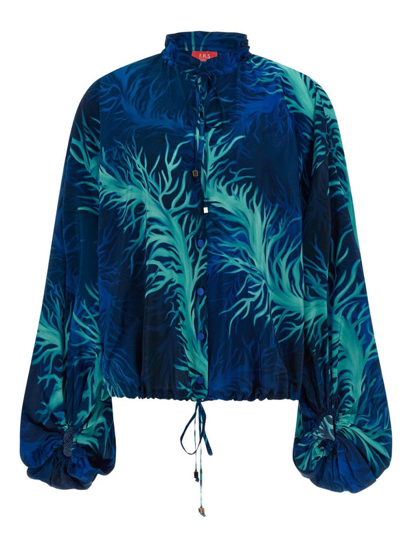 FRS Printed Silk Blouse For Women Navy With Blue Coral Print Ruffled Collar Desk To Dinner