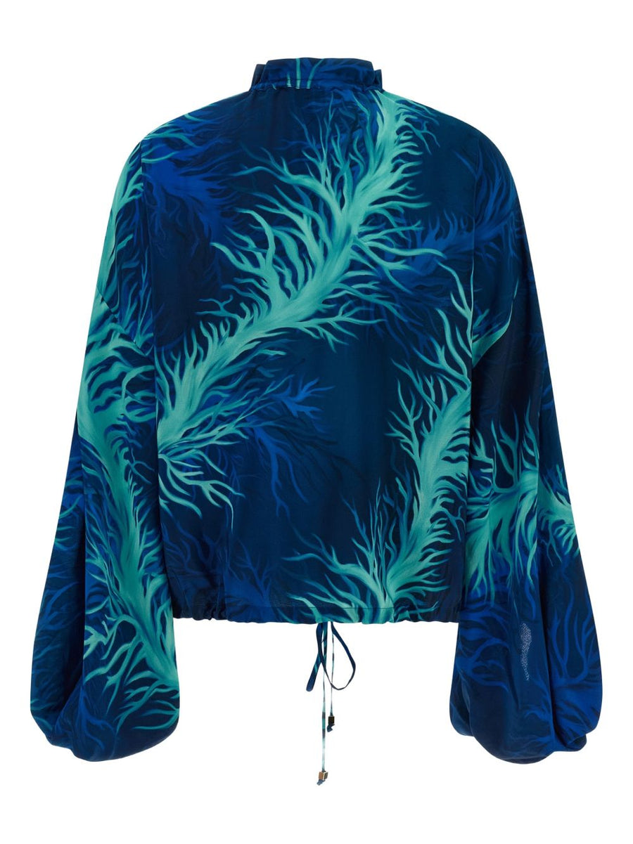 FRS Printed Silk Blouse For Women Navy With Blue Coral Print Ruffled Collar Desk To Dinner