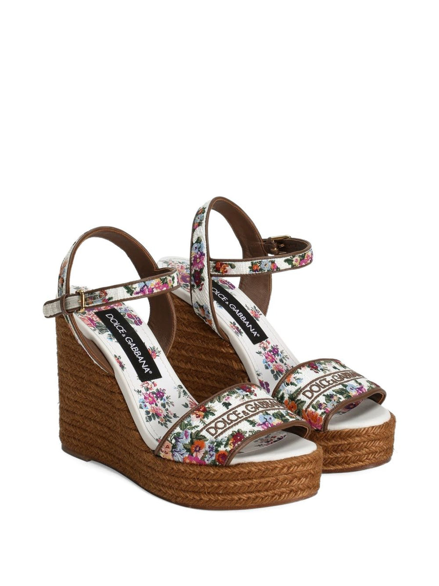 Dolce and Gabbana Nappa Wedge Sandals With Pink Thread Embroidery Floral Print 9 cm Heel For Women