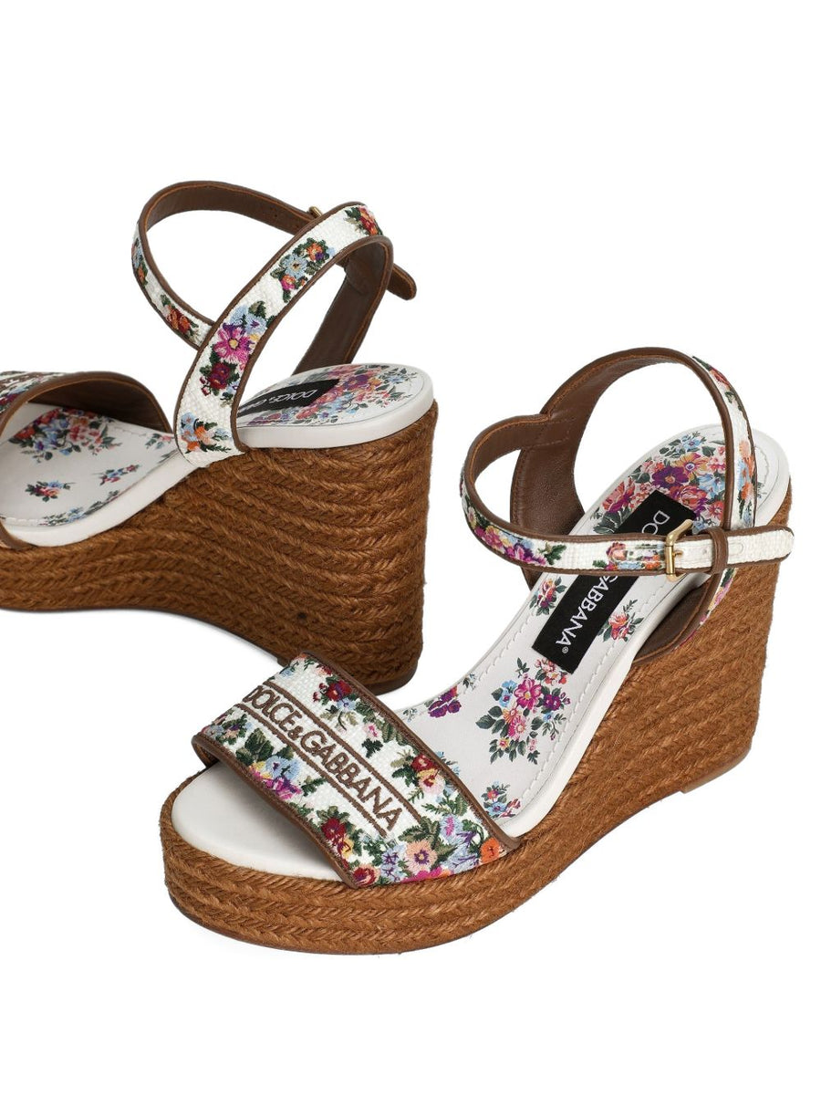 Dolce and Gabbana Nappa Wedge Sandals With Pink Thread Embroidery Floral Print 9 cm Heel For Women