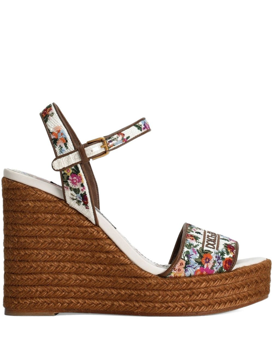 Dolce and Gabbana Nappa Wedge Sandals With Pink Thread Embroidery Floral Print 9 cm Heel For Women