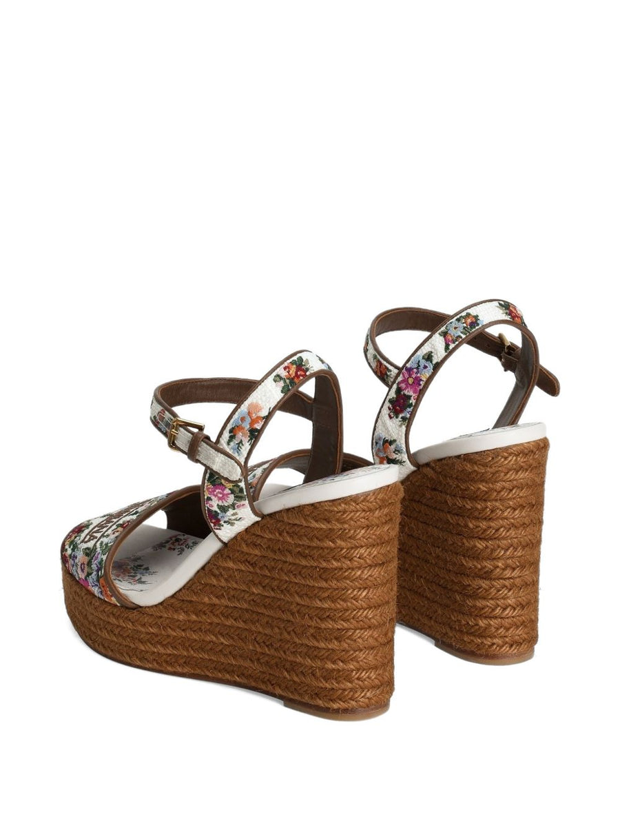 Dolce and Gabbana Nappa Wedge Sandals With Pink Thread Embroidery Floral Print 9 cm Heel For Women