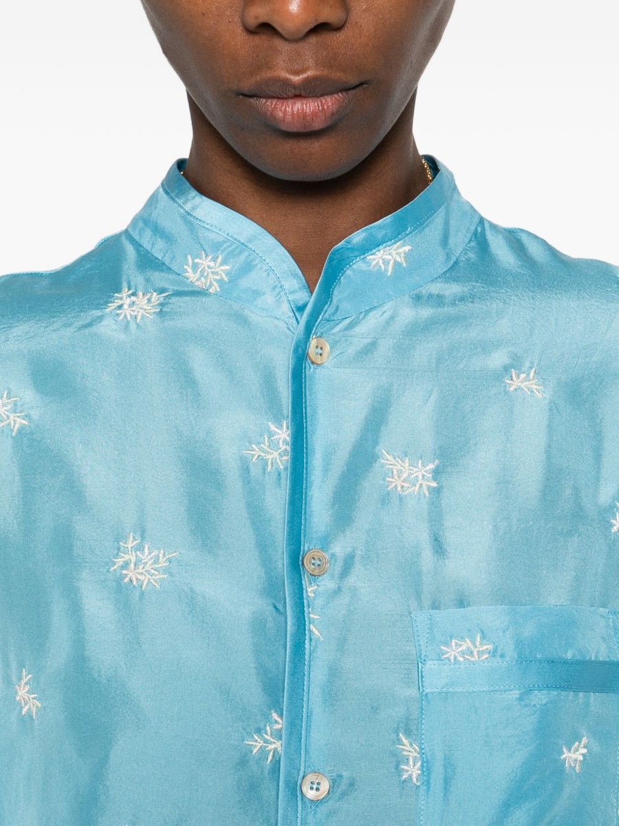 Embroidered Silk Shirt By Forte Forte For Women, Luxuriously Textured With Light Blue Floral Print