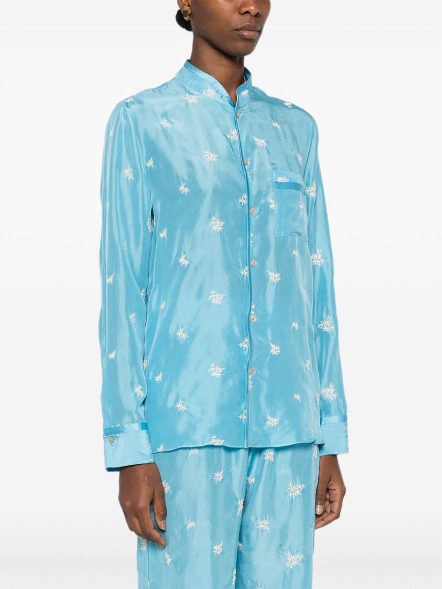 Embroidered Silk Shirt By Forte Forte For Women, Luxuriously Textured With Light Blue Floral Print