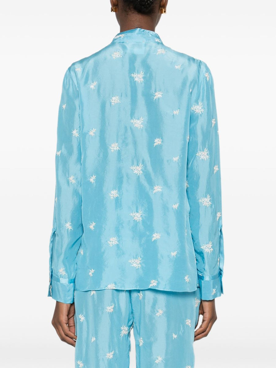 Embroidered Silk Shirt By Forte Forte For Women, Luxuriously Textured With Light Blue Floral Print