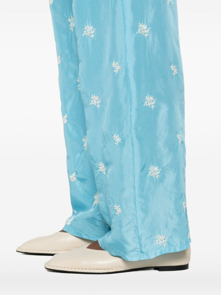 Forte Forte Embroidered Silk Trousers With Light Blue Floral Embroidery Elastic Waistband Luxury Womens Wear