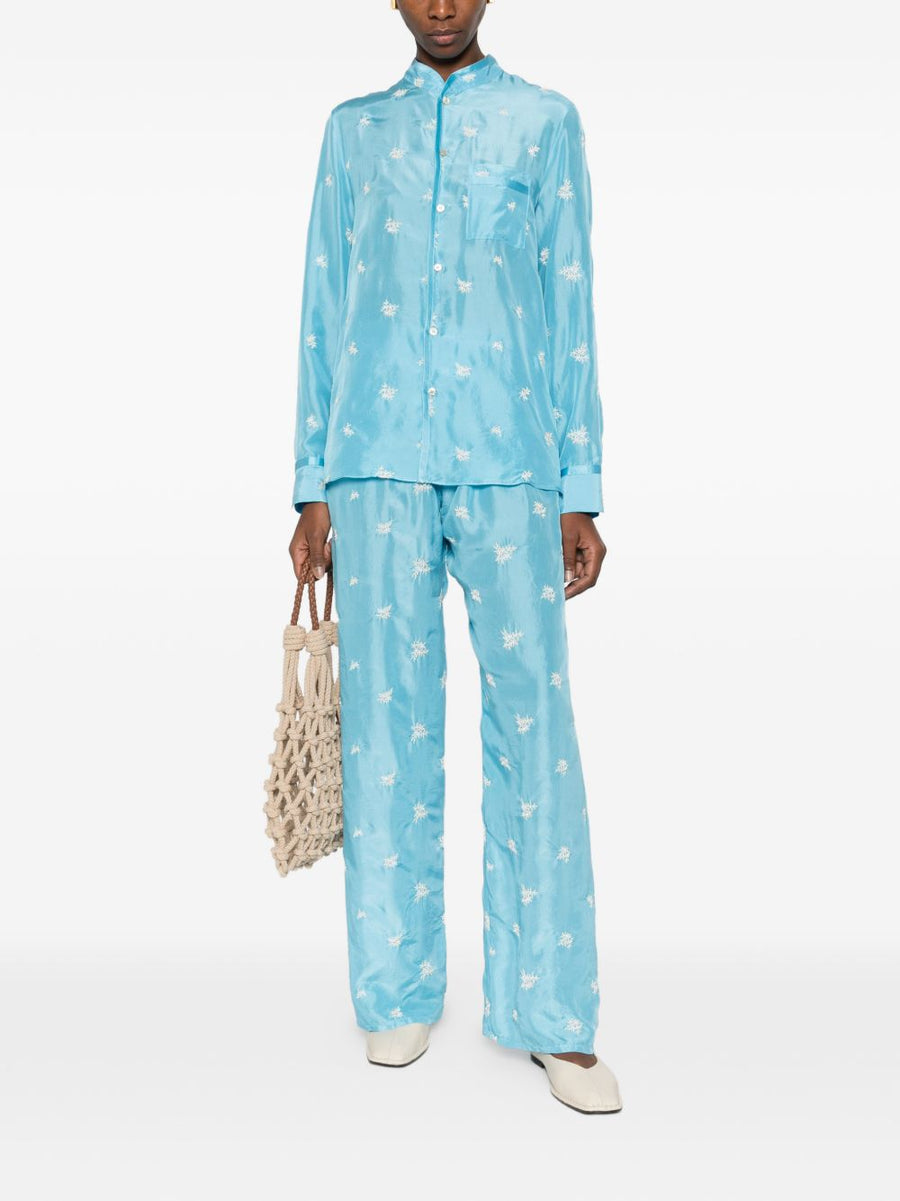 Forte Forte Embroidered Silk Trousers With Light Blue Floral Embroidery Elastic Waistband Luxury Womens Wear