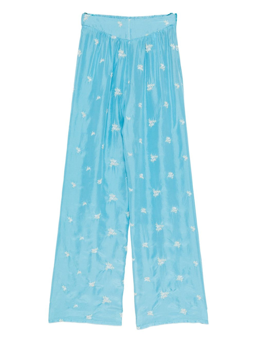 Forte Forte Embroidered Silk Trousers With Light Blue Floral Embroidery Elastic Waistband Luxury Womens Wear