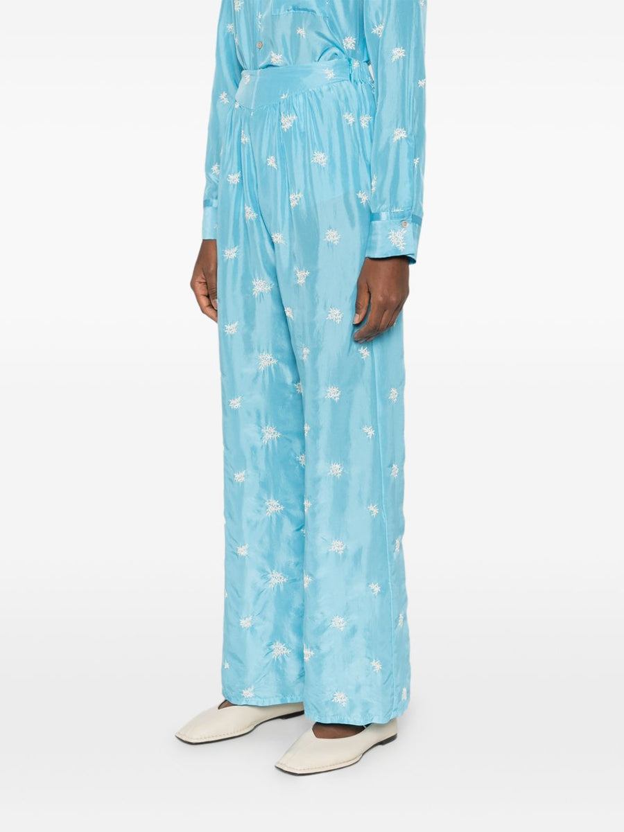 Forte Forte Embroidered Silk Trousers With Light Blue Floral Embroidery Elastic Waistband Luxury Womens Wear