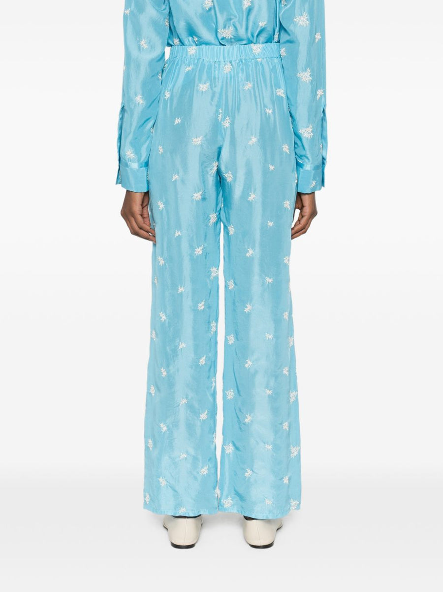Forte Forte Embroidered Silk Trousers With Light Blue Floral Embroidery Elastic Waistband Luxury Womens Wear