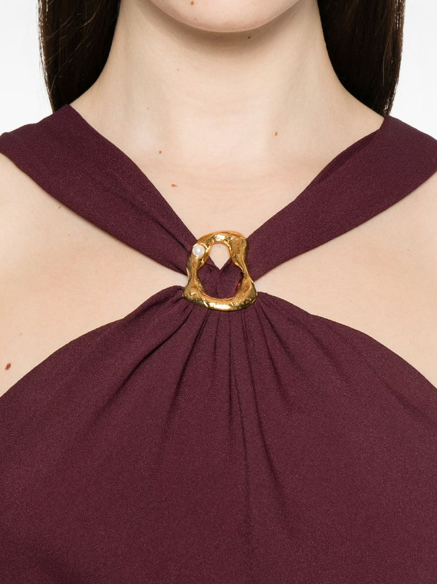 Silk Blend Long Dress Forte Forte Bordeaux Halter Neck Ruby Ring Detail Flared Hem Women