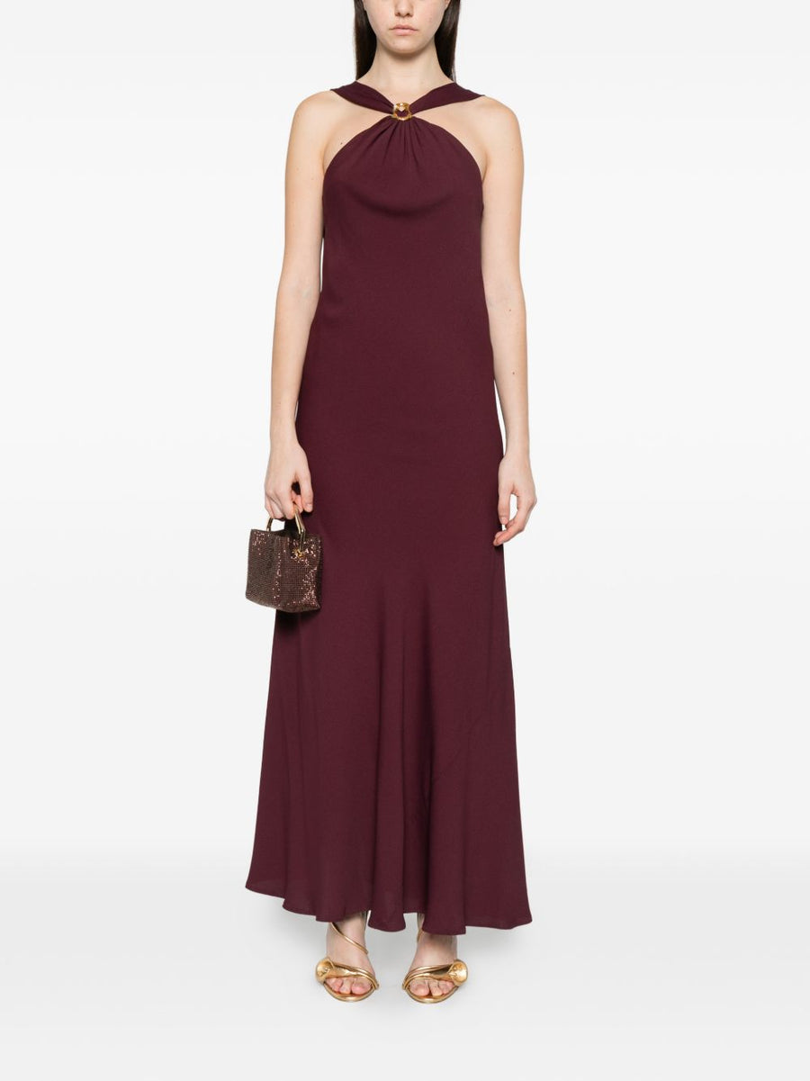 Silk Blend Long Dress Forte Forte Bordeaux Halter Neck Ruby Ring Detail Flared Hem Women