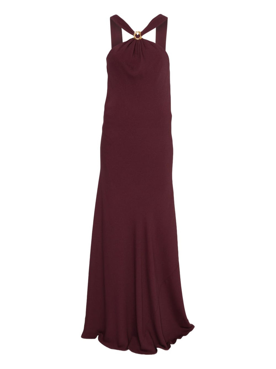 Silk Blend Long Dress Forte Forte Bordeaux Halter Neck Ruby Ring Detail Flared Hem Women