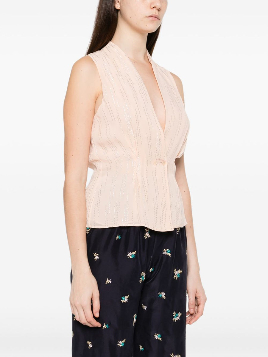 Forte Forte Powder Pink V Neck Vest With Draped Peplum Silhouette For Women Luxurious Viscose Blend