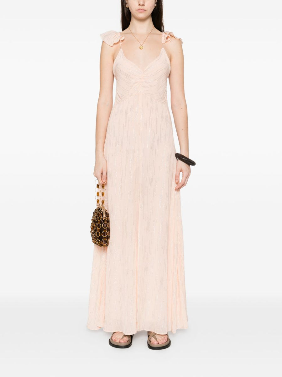 Forte Forte V Neck Long Dress Powder Pink For Modern Women With Thin Straps And Textured Detail