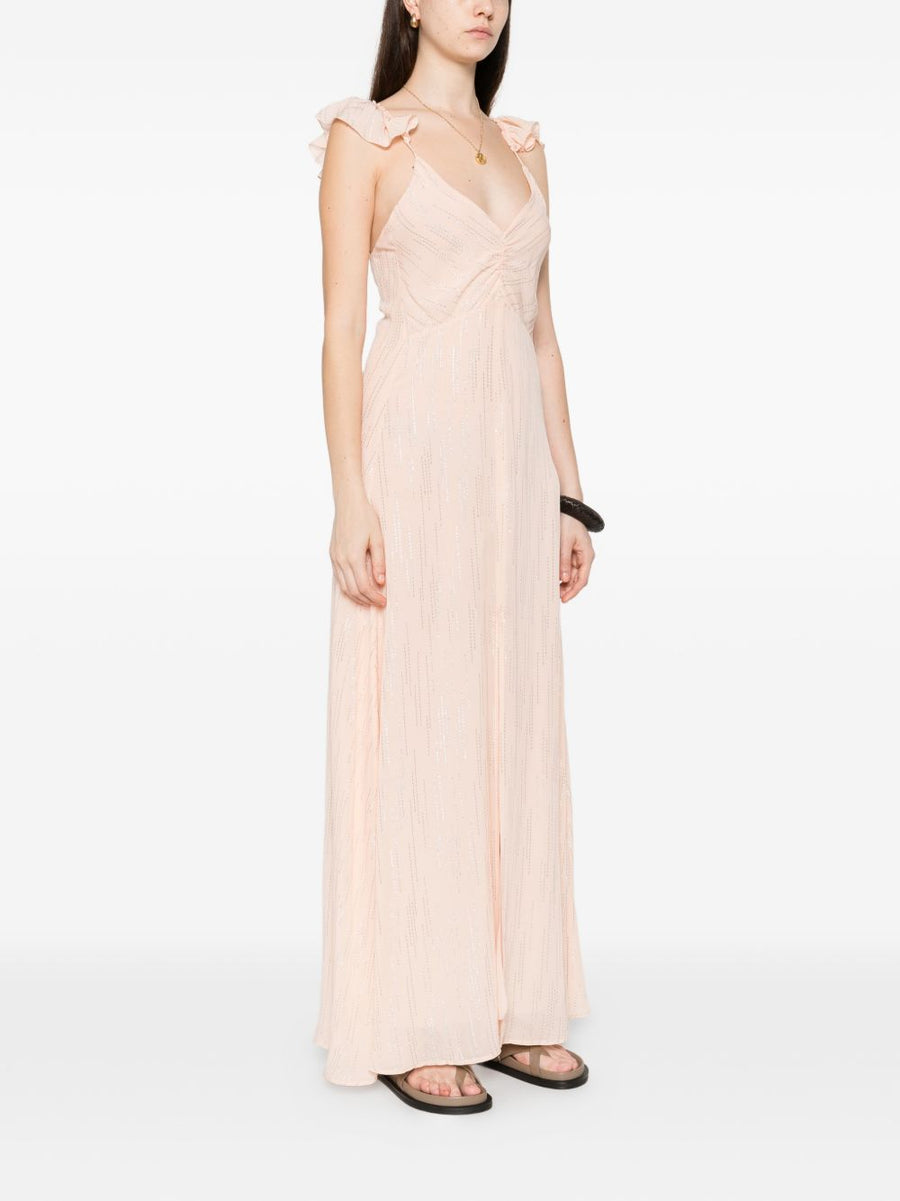 Forte Forte V Neck Long Dress Powder Pink For Modern Women With Thin Straps And Textured Detail