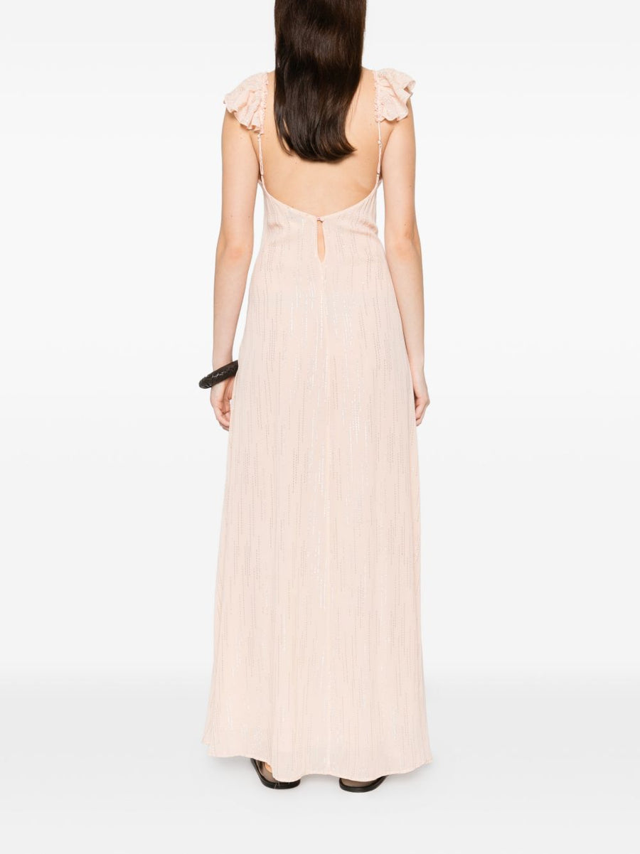 Forte Forte V Neck Long Dress Powder Pink For Modern Women With Thin Straps And Textured Detail