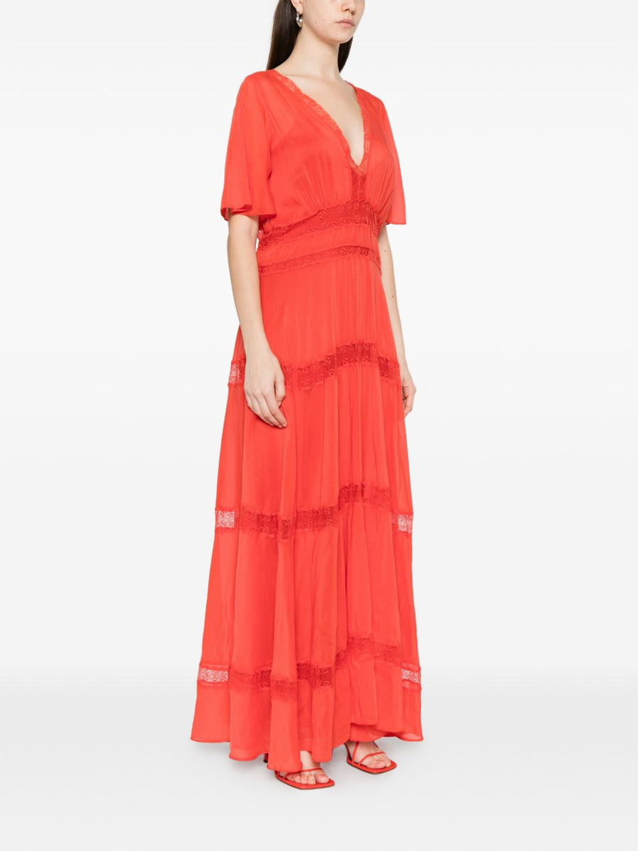 Forte Forte Cotton Silk V Neck Dress For Women Luxurious Breathable Lightweight Red With Lace Trim Day To Evening