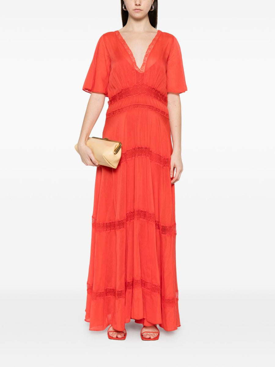 Forte Forte Cotton Silk V Neck Dress For Women Luxurious Breathable Lightweight Red With Lace Trim Day To Evening