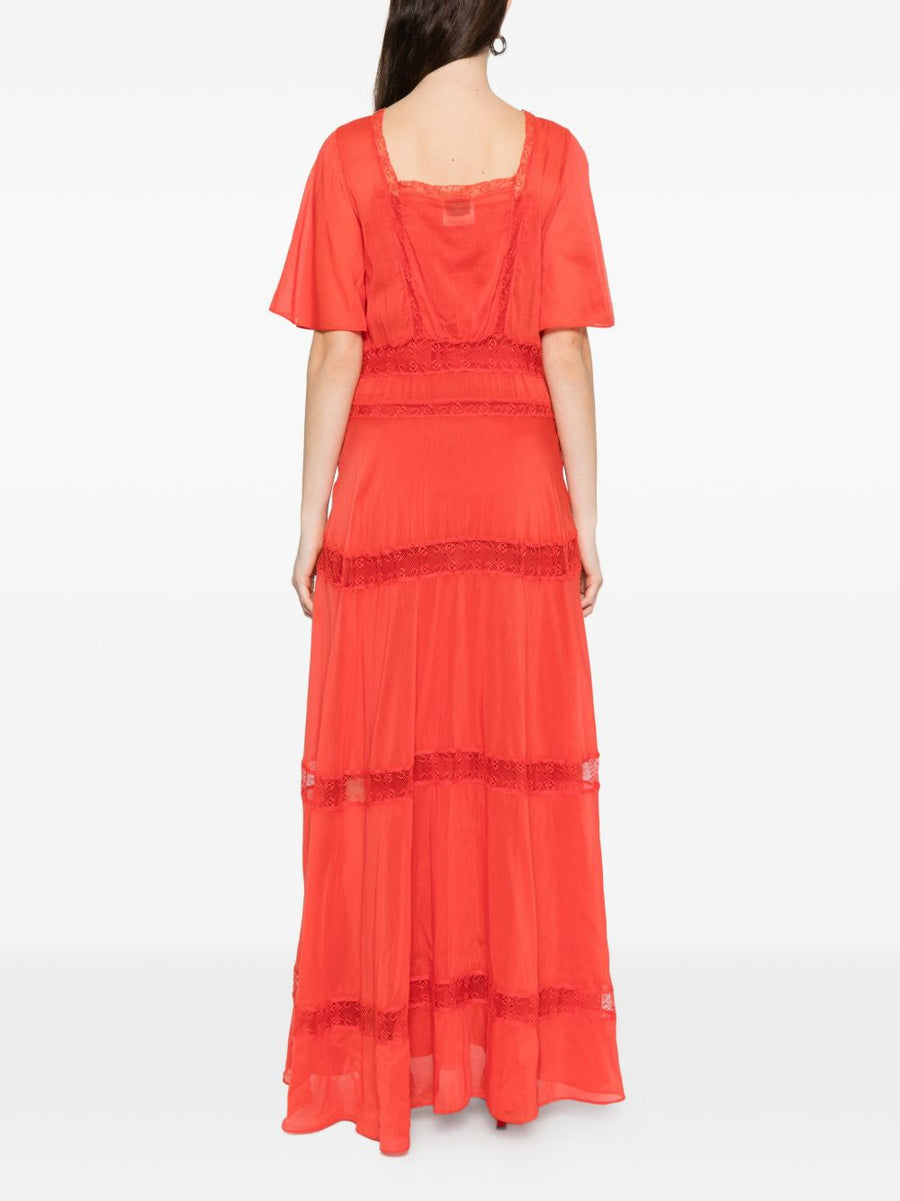 Forte Forte Cotton Silk V Neck Dress For Women Luxurious Breathable Lightweight Red With Lace Trim Day To Evening