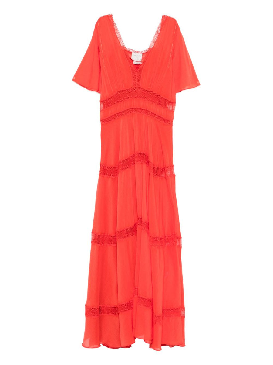 Forte Forte Cotton Silk V Neck Dress For Women Luxurious Breathable Lightweight Red With Lace Trim Day To Evening
