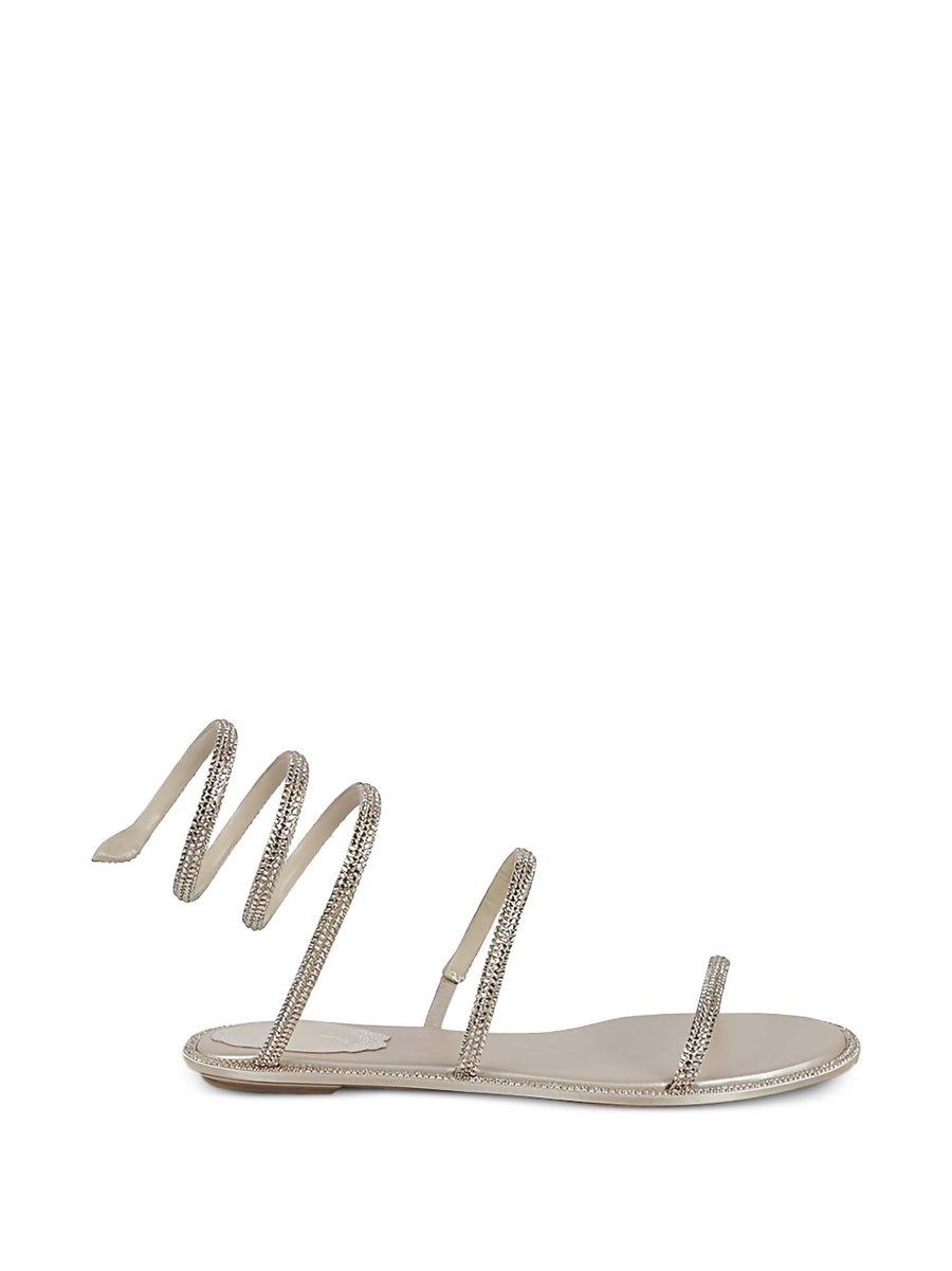 René Caovilla Cleo Satin Flat Sandals Beige With Snake Head Detail