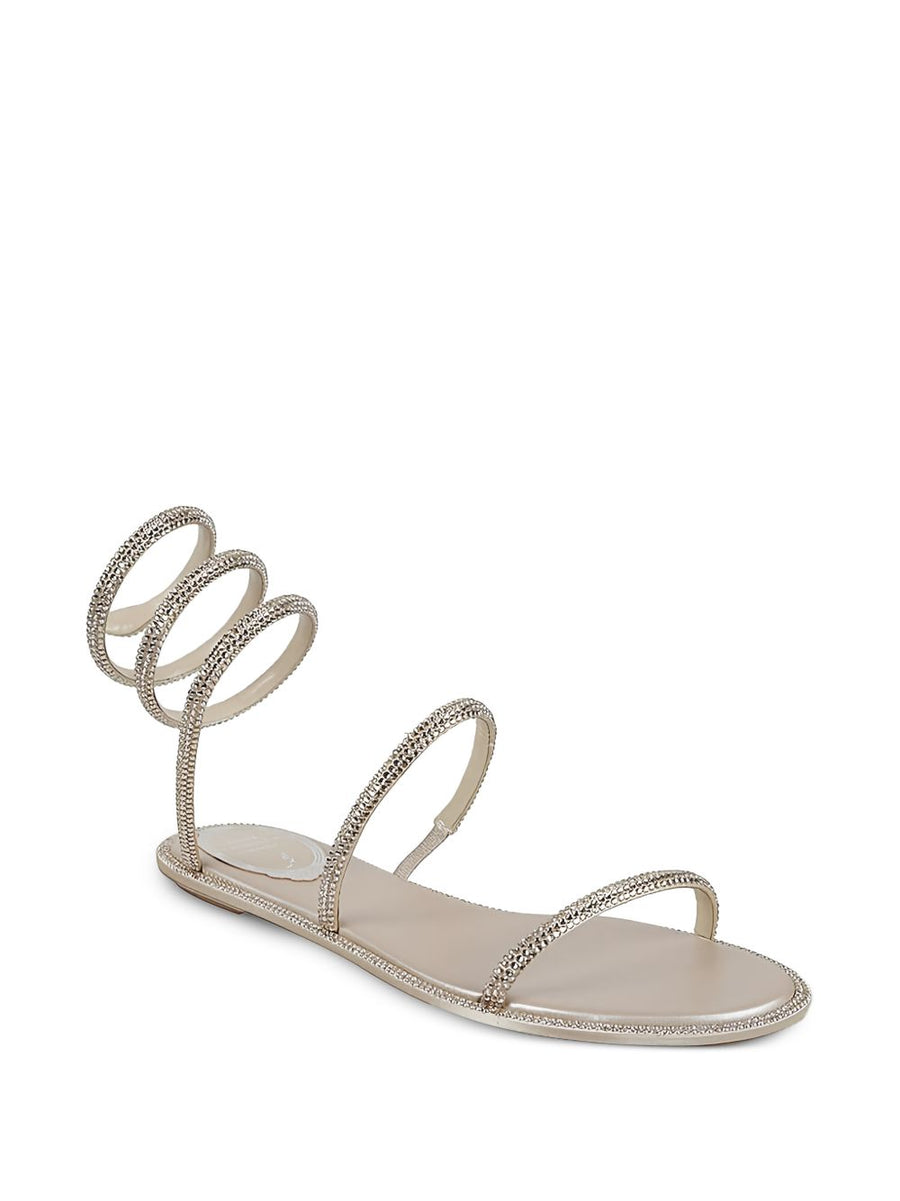 René Caovilla Cleo Satin Flat Sandals Beige With Snake Head Detail