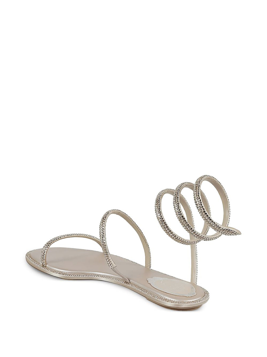 René Caovilla Cleo Satin Flat Sandals Beige With Snake Head Detail