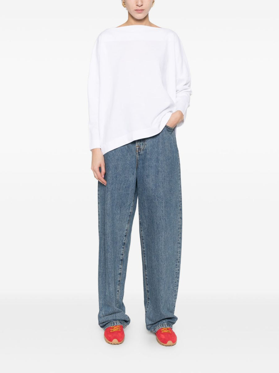 Daniela Gregis Cotton Boat Neck Sweater For Women Boxy Fit Minimalist Versatile Wardrobe Essential With Asymmetric Hem
