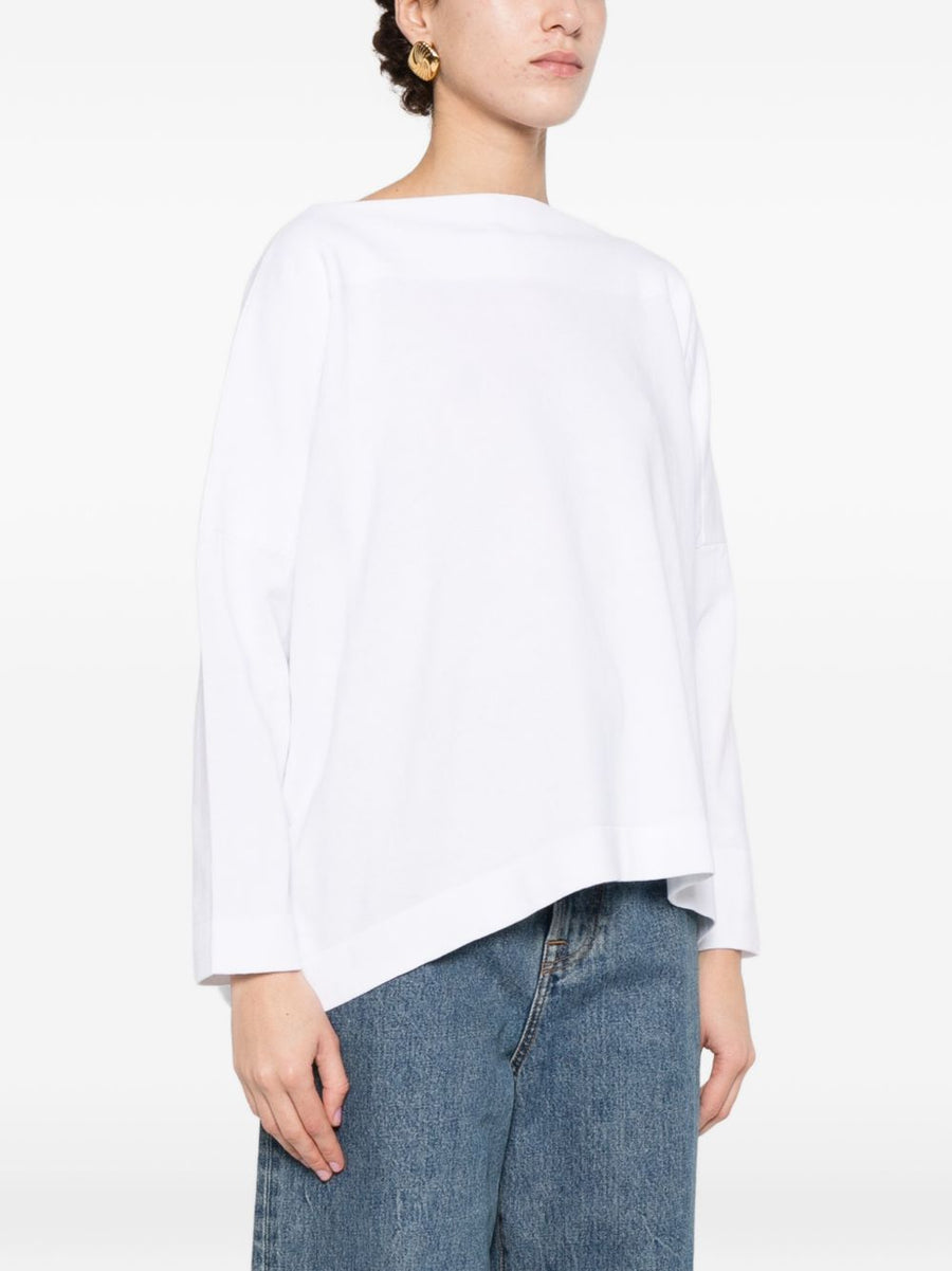 Daniela Gregis Cotton Boat Neck Sweater For Women Boxy Fit Minimalist Versatile Wardrobe Essential With Asymmetric Hem