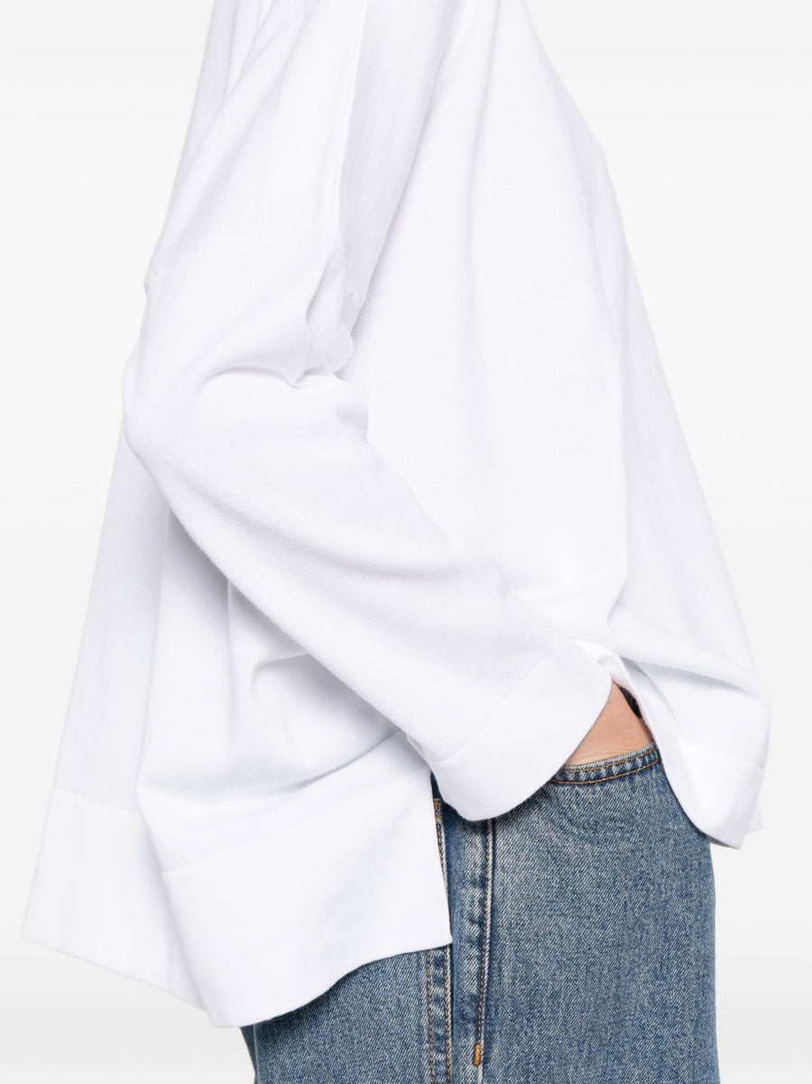 Daniela Gregis Cotton Boat Neck Sweater For Women Boxy Fit Minimalist Versatile Wardrobe Essential With Asymmetric Hem