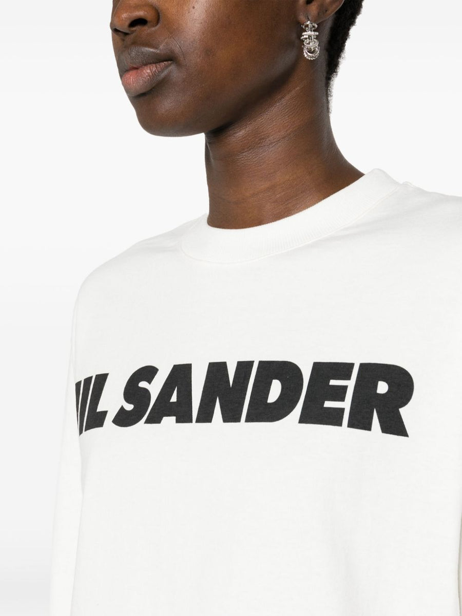 Jil Sander Premium Logo Print T Shirt Women Ivory White Cotton Jersey Long Sleeve Crew Neck