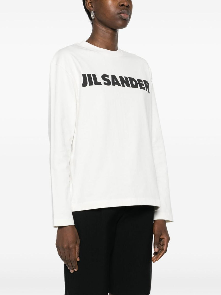 Jil Sander Premium Logo Print T Shirt Women Ivory White Cotton Jersey Long Sleeve Crew Neck