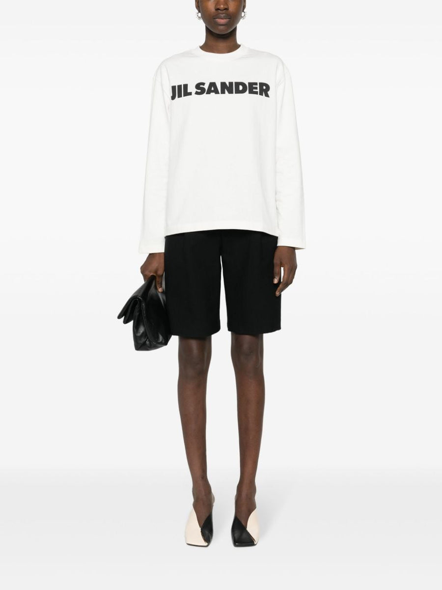 Jil Sander Premium Logo Print T Shirt Women Ivory White Cotton Jersey Long Sleeve Crew Neck