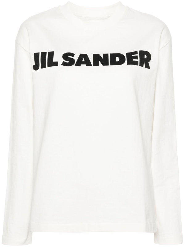 Jil Sander Premium Logo Print T Shirt Women Ivory White Cotton Jersey Long Sleeve Crew Neck