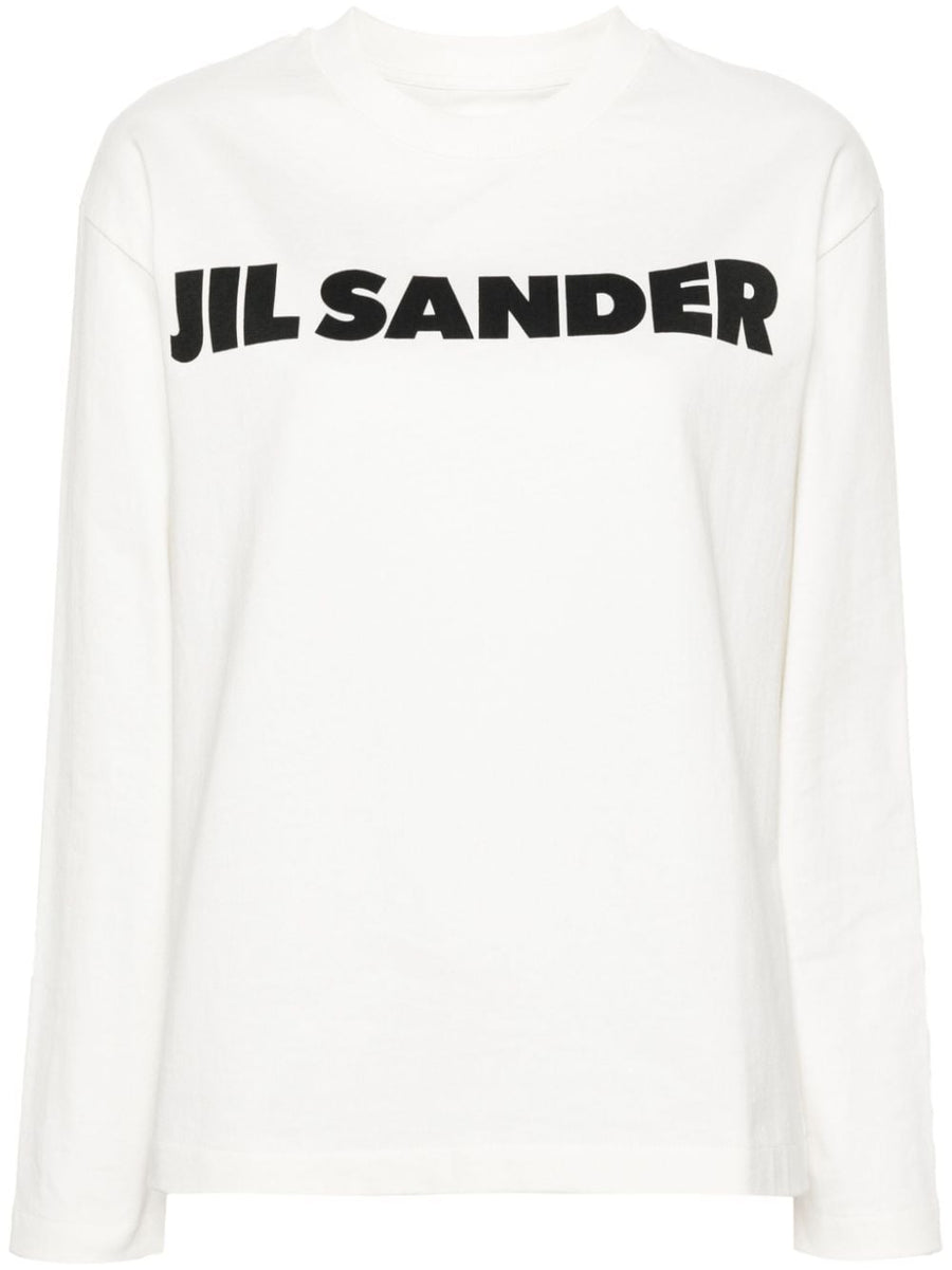 Jil Sander Premium Logo Print T Shirt Women Ivory White Cotton Jersey Long Sleeve Crew Neck