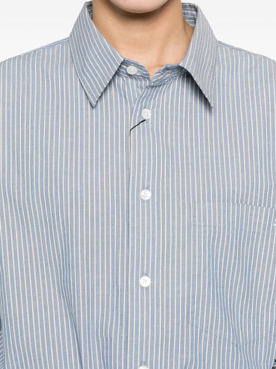 Dunst Women's Striped Cotton Shirt Light Blue White Breathable Lightweight Comfort Chest Pocket