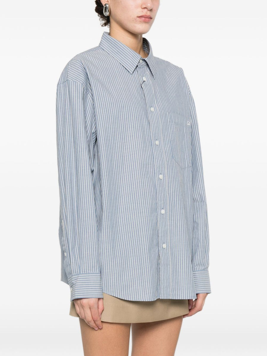 Dunst Women's Striped Cotton Shirt Light Blue White Breathable Lightweight Comfort Chest Pocket