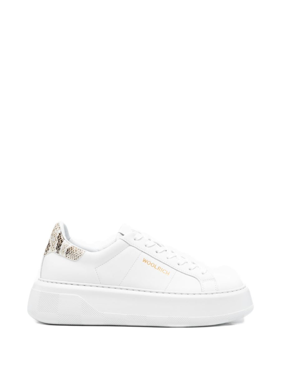 Woolrich Chunky Court Leather Sneakers For Women Premium Calf Leather Platform Sole White With Bold Animal Print