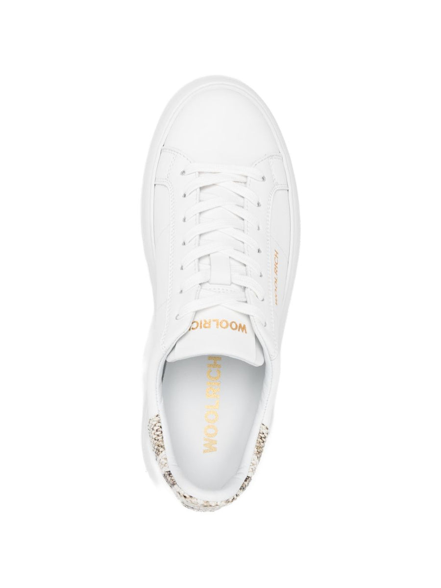 Woolrich Chunky Court Leather Sneakers For Women Premium Calf Leather Platform Sole White With Bold Animal Print