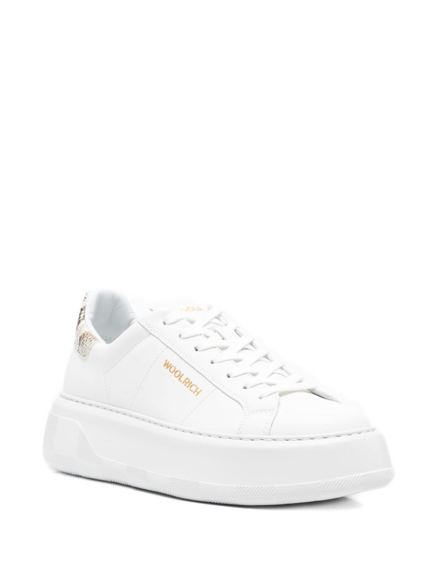 Woolrich Chunky Court Leather Sneakers For Women Premium Calf Leather Platform Sole White With Bold Animal Print