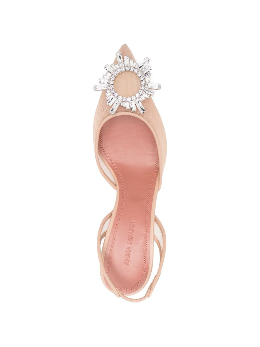 Begum Slingbacks Amina Muaddi Luxurious Beige Embellished Pointed Toe 7cm Heel For Evening Wear Women