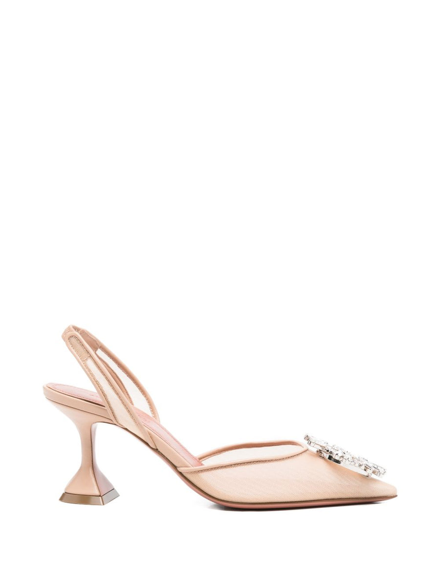 Begum Slingbacks Amina Muaddi Luxurious Beige Embellished Pointed Toe 7cm Heel For Evening Wear Women